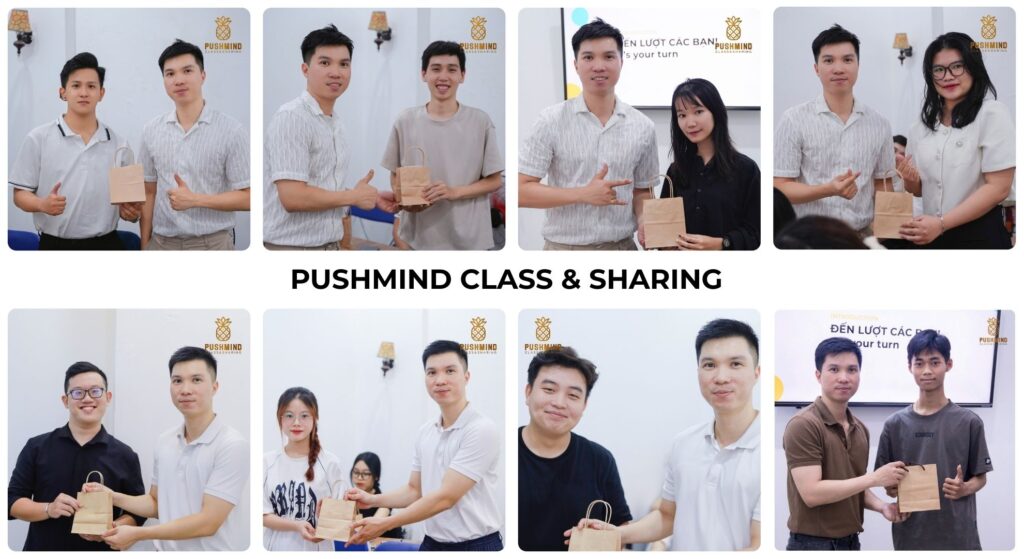 Các bạn trẻ nhận quà lưu niệm tại PushMind Class & Sharing – sự kiện kết nối cộng đồng Marketing trẻ Đà Nẵng